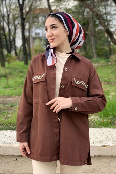 Moda Rosa 25K5098 - Coffee - Wavy Stone Gabardin Jacket with Pockets