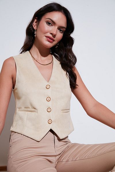 Lela Fitted Scuba Suede V-Neck Buttoned Vest 5865576