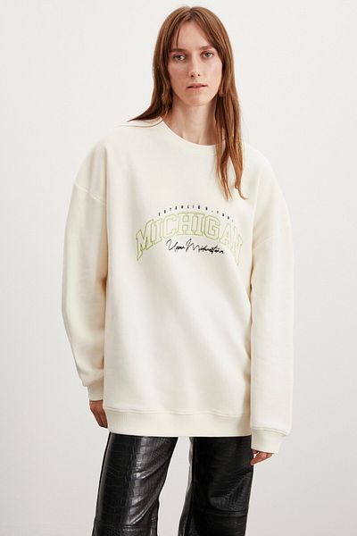 GRIMELANGE Rebecka Women's Embroidery Embroidered Fleece Inside Soft Oversize Crew Neck Ecru Sweatshirt