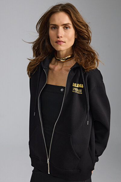 GRIMELANGE Leılany Women's 3 Thread Raised Back Print Detailed Regular Hooded Black Sweatshirt