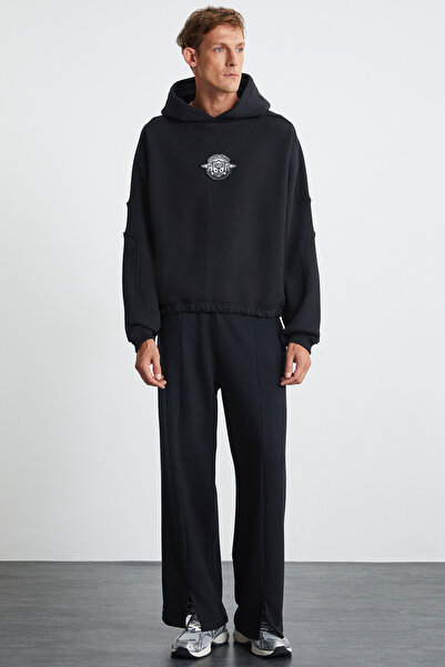 GRIMELANGE Bluza męska Hampus Comfort Organic Cotton Black z polaru maskującego wewnątrz i miękkim haftem