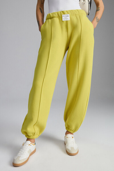 GRIMELANGE Ddıa Women's Soft Elastic Leg Piping Detailed Raised Organic Cotton Green Sweatpants