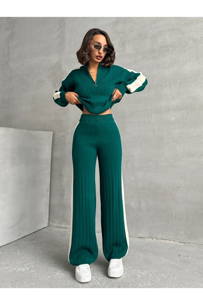 Lusin Stílusos női csíkos részletes zöld pulóver Palazzo nadrág alsó felső dupla kötöttáru szett