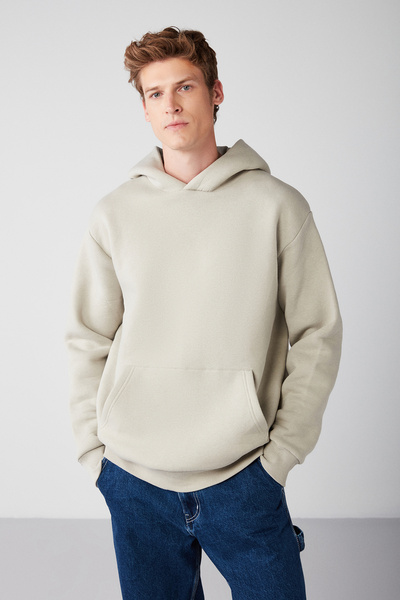 GRIMELANGE Mordred Men's Soft Fabric Knitted 3 Thread Oversize Hooded Kangaroo Pocket Stone Color Sweatshirt