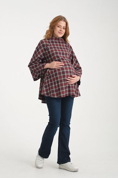 KATLİN MATERNİTY WEAR Viscose Fabric Maternity Checked Pattern - Poncho Collar and Button Detail (Breastfeeding)