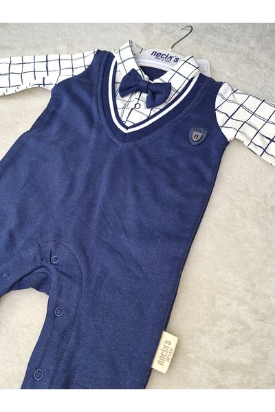 Necix's Neci̇x's Plaid Shirt Detailed Bow Tie Men's Baby Jumpsuit