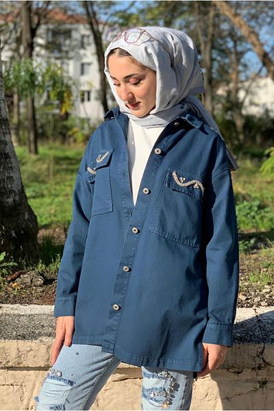 Moda Rosa 25K5098 - Indigo - Gabardin Jacket Wavy Stone with Pockets