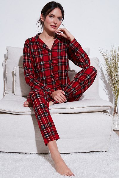Lela Apaş Lapel Stretch Pajama Set - Elastic Waist, Regular Fit Sleepwear 65720501