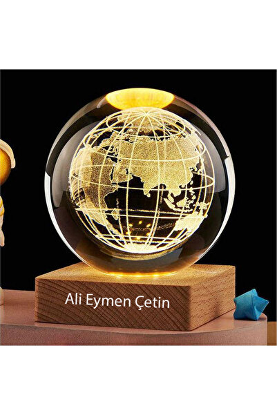 keyfim shop İsme Özel Büyük Boy Işıklı Ahşap Kare Kaideli Dünya Temalı Cam Kü...