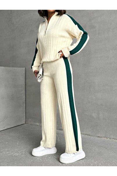 Lusin Női stílusos csíkos részletes Ecru pulóver Palazzo nadrág alsó felső kétrészes kötöttáru szett
