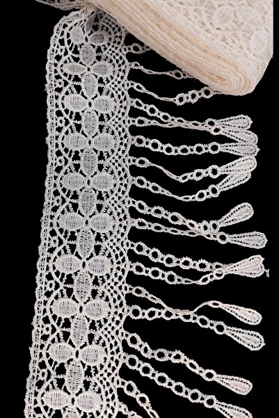 DUAYEN Saçaklı güpür dantel parıltı kenar desen krem renk 1 metre