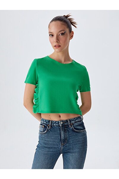 Ltb Short Sleeve Round Neck Basic Crop Green T-Shirt