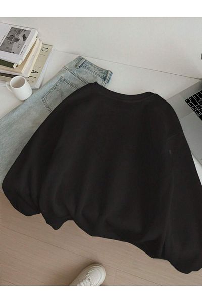 Pink Sky Cherry-Happy-Printed Black Crew Neck Sweatshirt - Oversize Unisex Thick Winter