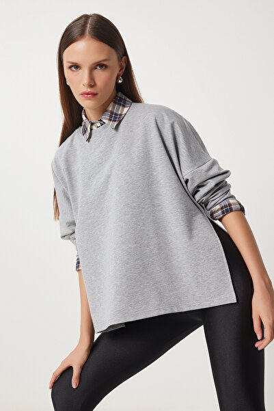 Lovelyİstanbul Hanorac tricotat cu fantă laterală supradimensionată - Gri Mel...