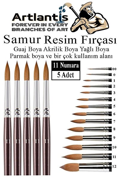 Artlantis Resim Fırçası 11 Numara 5 li 1 Paket Samur Yuvarlak Uçlu Fırça Seti Guaj Sulu Akrilik Yağlı Boya Fır
