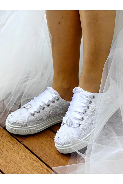 Ayakkabı Tutkusu Stilo ® Gelin Ayakkabısı Düz Taban Beyaz Aplikeli Aşırı Rahat