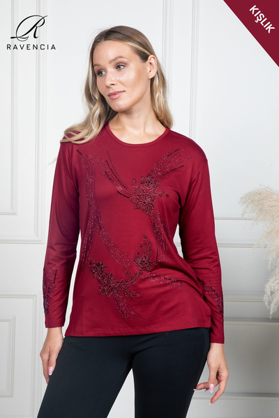 Nacar Kışlık Kadın Yonca Kumaş Kaplama Çiçek Desenli Taşlı Işlemeli Bordo Anne Penye Bluz