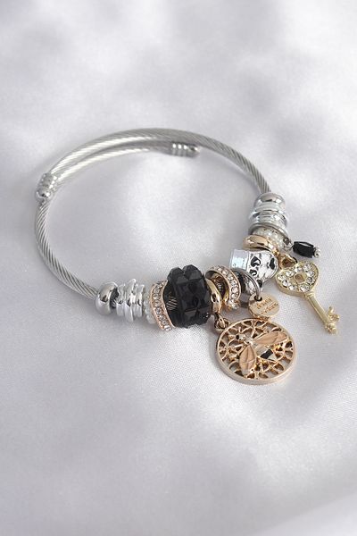 Skygo Silver Black Color Bee Figure Zircon Stone Key Detail Women's Charm Bracelet