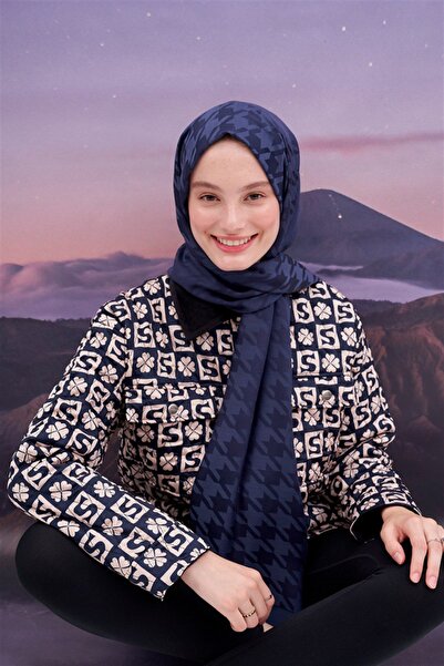 m moon scarf Houndstooth Pattern Silky Jacquard Shawl High Quality Imported Fabric " Navy Blue" Hijab Shawl, Hijab Evening Dress