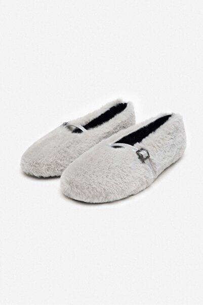 NİŞANTAŞI SHOES Γυναικείες μπαλαρίνες Renita Grey Feather Belt με λεπτομέρεια επίπεδη σόλα