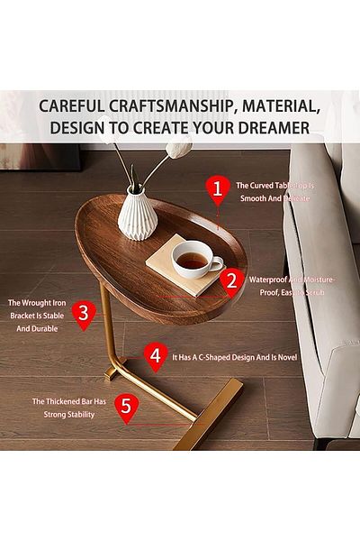 Saharaz Modern C-shaped Side Table For Tea And Coffee,wooden Water Resistant Top