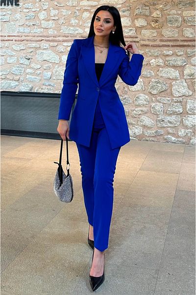pembekurdelem Set SaksMavi pentru femei - Jachetă cu un singur nasture și pantaloni skinny