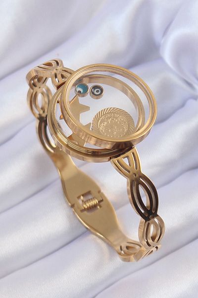 Skygo 316L Steel - Gold Colored Evil Eye Bead and Star Figure Openable Handcuffs - TJ-BB6156