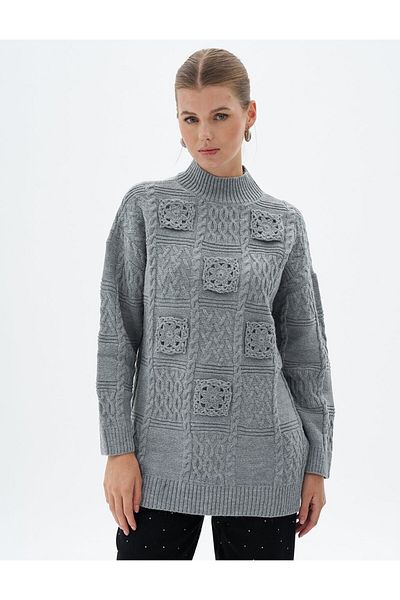 Kayra Gray Knitwear Tunic - Lace Applique
