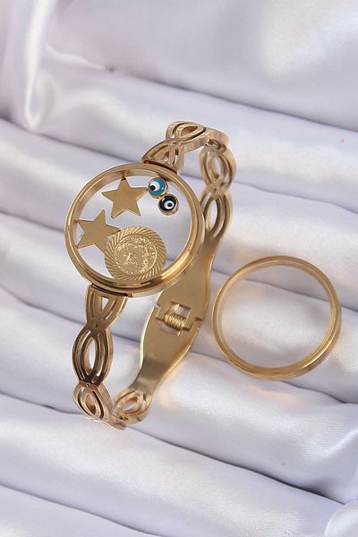 Skygo 316L Steel - Gold Colored Evil Eye Bead and Star Figure Openable Handcuffs - TJ-BB6156