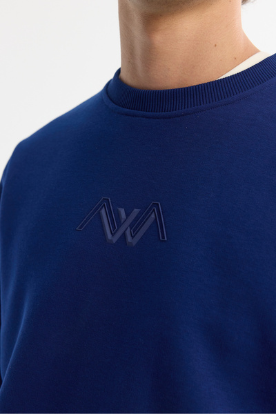 Avva Erkek Saks Bisiklet Yaka Pamuklu Şardonlu Baskılı Regular Fit Sweatshirt B001033