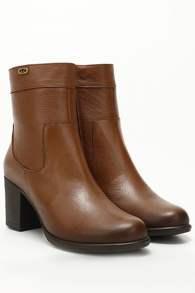 GÖNDERİ(R) Braune Floater-Damenstiefel aus echtem Leder mit Reißverschluss und dickem Absatz