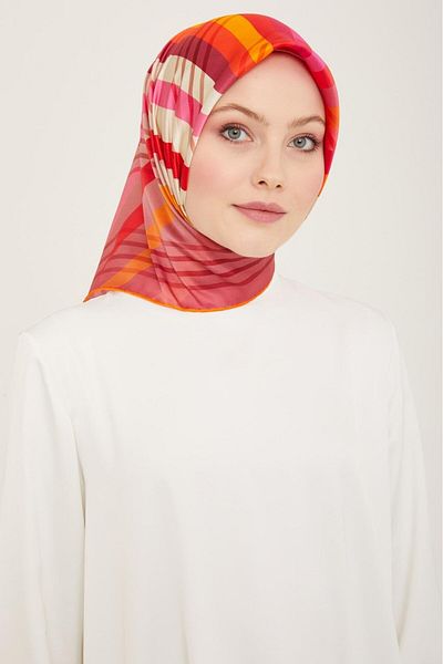 Armine Candy Pink-orange Line Pattern Tivil Silk Scarf 9107-50