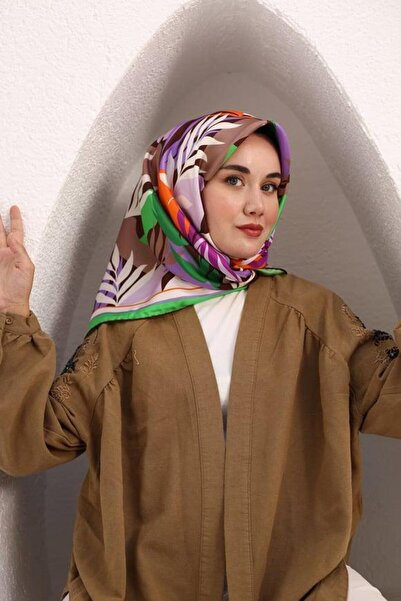 Silk Home Μεταξωτό μαντήλι με μοτίβο πράσινο-μωβ φύλλο 11406-31