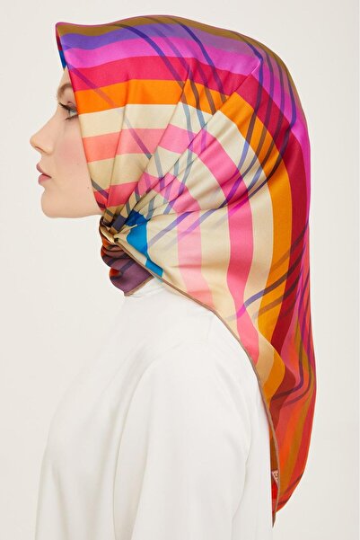 Armine Μωβ - Μπεζ Μοτίβο Ρίγες Μεταξωτό Φουλάρι Sura 9107 - 01