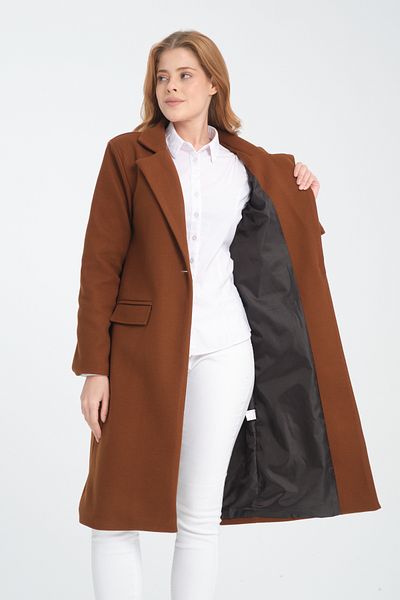 ZERTEX Brown Long Women's Stamp Coat - Shoulder Padding, Lined and Philoto Pocket Detail