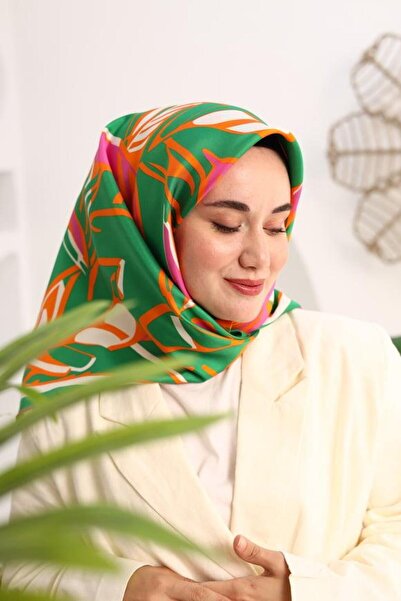 Silk Home Πράσινο-ροζ γεωμετρικό σχέδιο φύλλων Μεταξωτό μαντήλι Tivil 11407-18