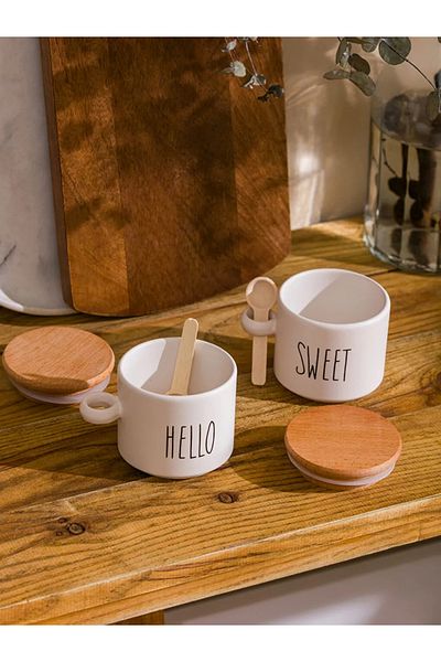 LC Waikiki Lcw Home Mixed Printed Ceramic Storage Container with Wooden Lid Set of 2