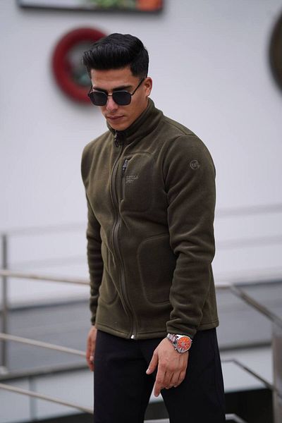 Est Estola Khaki Men's Fleece Jacket - Thick Full Zipper, 3 Pockets, Cotton Fabric