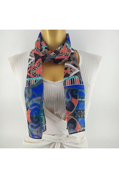 Tedz Collection PAREDORA Ethnic Patterned Blue Red Long Scarf