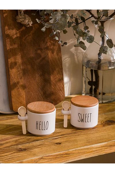 LC Waikiki Lcw Home Mixed Printed Ceramic Storage Container with Wooden Lid Set of 2