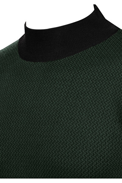 Çizgi Triko Чоловічий трикотажний светр - смугастий, напівкомір, рукави та пояс з візерунком, сталеве плетіння -5014B