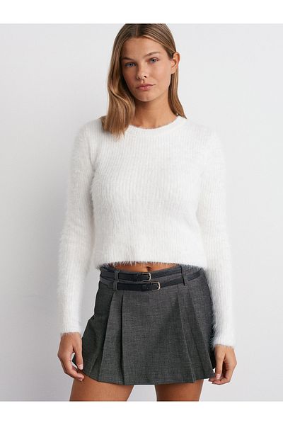 Dilvin 10659 Crew Neck Soft Textured Shiny Knitwear Sweater-Ecru