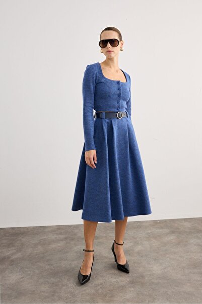 rue Düğme Detaylı Kare Yaka Lacivert Crop Ceket