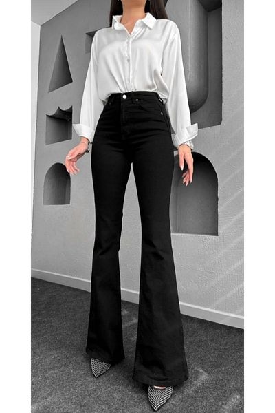MAKRAS EXCLUSIVE Anii '90 Negru cu talie înaltă Lycra Denim Flare - Pantaloni de blugi cu picioare spaniole