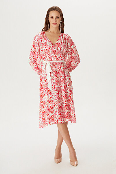 Naramaxx Beli Kuşaklı Kruvaze Desenli Elbise