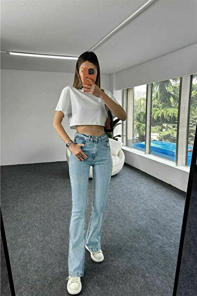 MAKRAS EXCLUSIVE Kadın 90's İspanyol Paça Mavi Kar Yıkama Yüksek Bel Comfort Likralı Denim Flare Kot Pantolon jeans