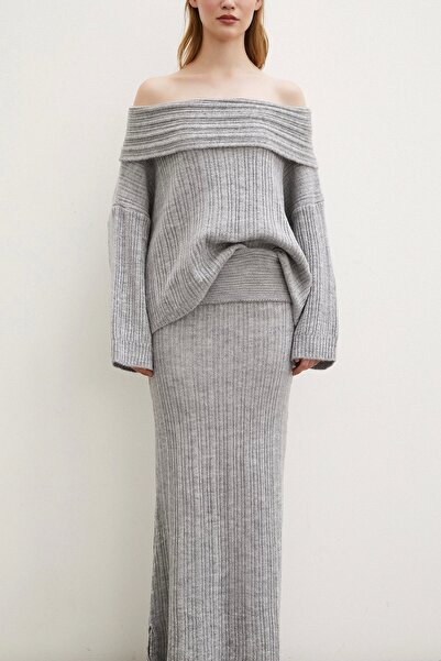 Never more Gray Madonna Collar Skirt Set