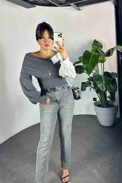 Butik Gardrop Gray Design Women's Sweater - Shirt Detailed