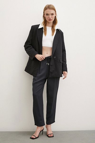 Never more Elastic Waist Tube Leg Trousers Navy Blue