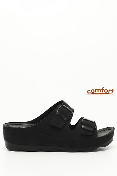GÖNDERİ(R) Women / Girls Black Buckle Wedge Sole Comfort Slippers